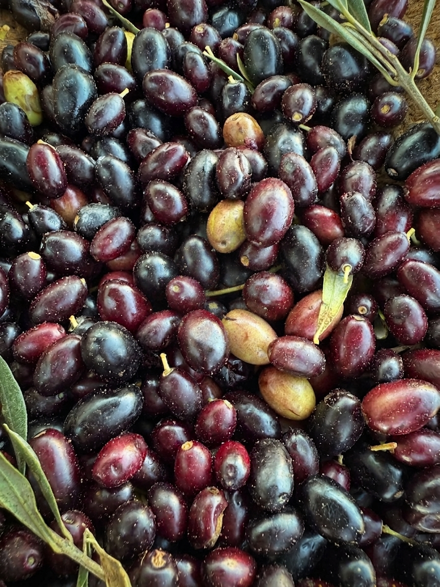 Olives fraîchement cueillies à la main, à maturité optimale